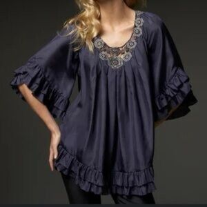 Y2K Vintage Rebecca Taylor Navy Silk Tunic with Embellished Neckline size 8